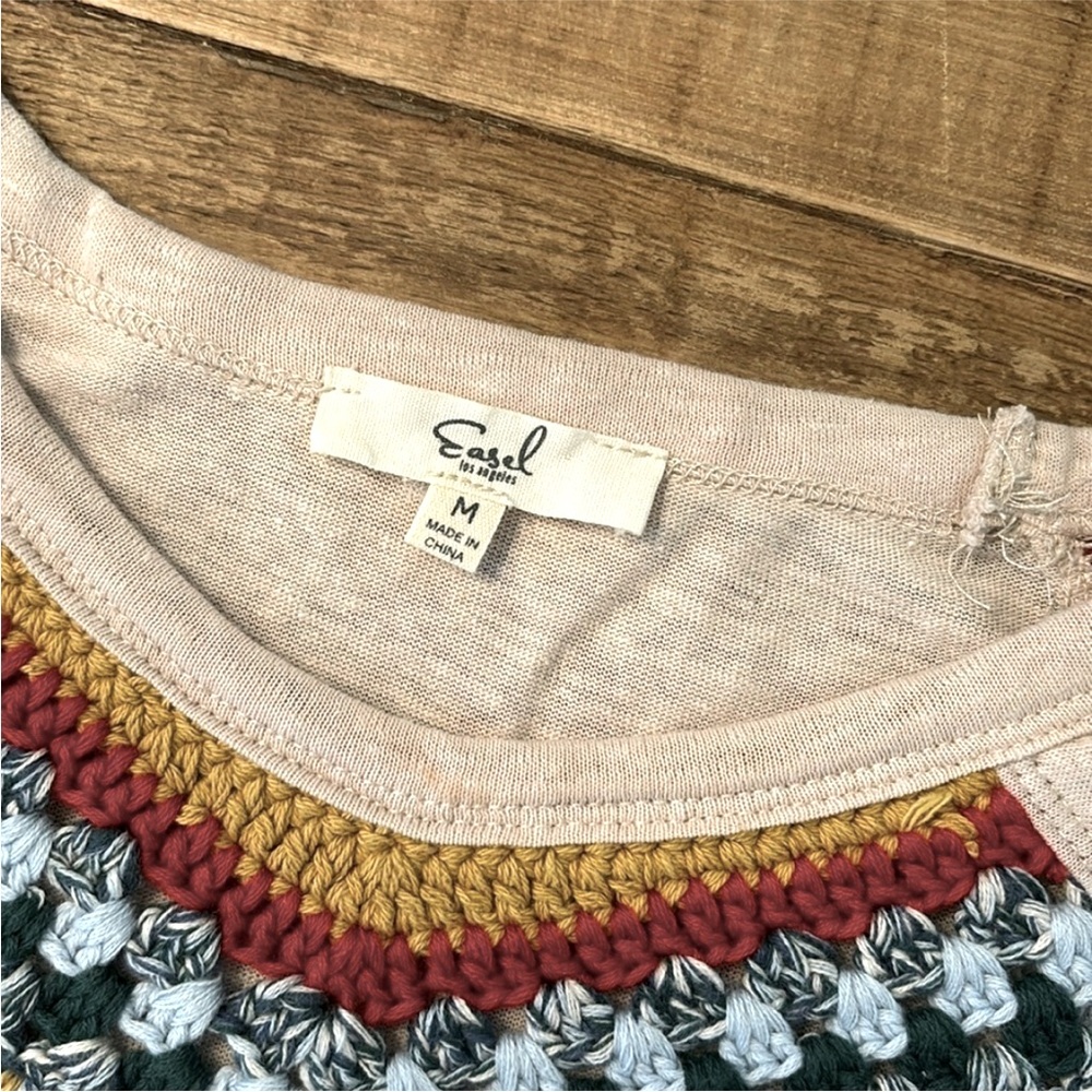 Easel Crochet Aztec Raglan Baseball Style Top. Women’s Sz-M Casual Chevron Boho - Picture 4 of 9